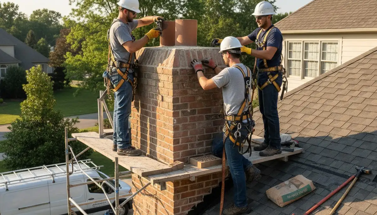 Indianapolis, IN chimney repair for cracked masonry and leak prevention on a home exterior