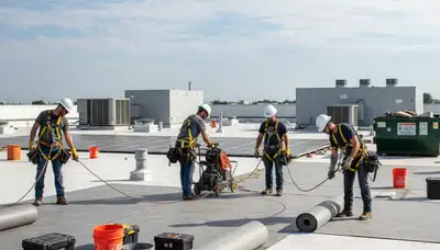 Commercial roofing crew in Indianapolis, IN installing durable roofing for a business property