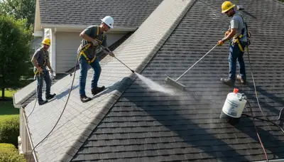 Roof cleaning service in Indianapolis, IN for algae and moss removal on a home exterior