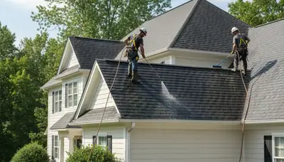 Roof cleaning service in Indianapolis, IN removing algae and moss from a home exterior
