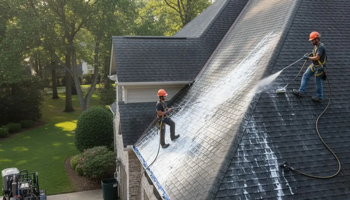 Roof cleaning service in Indianapolis, IN removing algae and moss from a residential roof