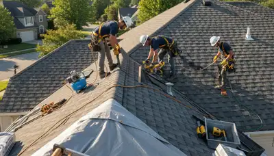Indianapolis roof repair crew fixing storm-damaged shingles on a home roof